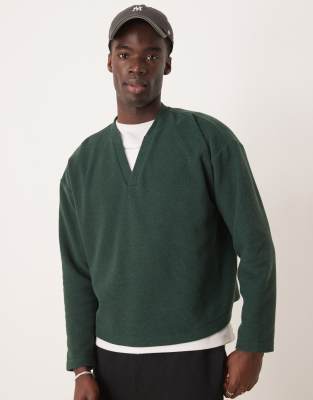 oversized boxy v neck sweater in green heavyweight brushed rib knit