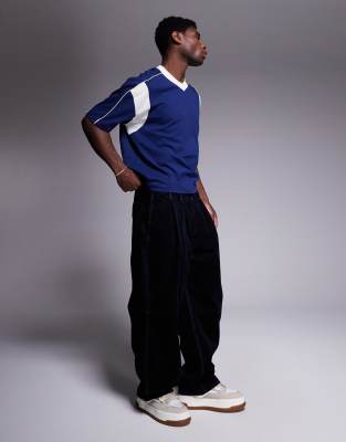 Asos Design Oversized Boxy V Neck T-shirt With Contrast Panel In Navy
