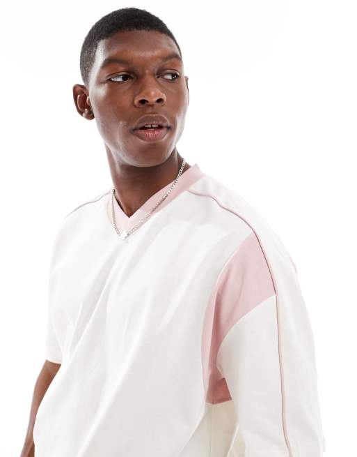 ASOS DESIGN oversized boxy v neck t-shirt with pink contrast panel in cream , 2 of 4