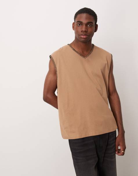 ASOS DESIGN oversized boxy v neck tank with stitch detail in brown - view 1