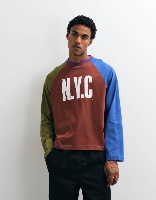 ASOS DESIGN oversized boxy vasket raglan langærmet henley med NYC-print i bordeaux, 2 af 5