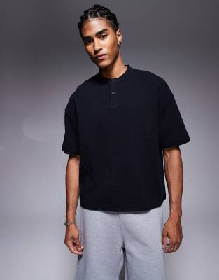 asos ASOS DESIGN oversized boxy waffle henley t-shirt in black