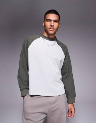 oversized boxy waffle knit long sleeve raglan t-shirt in heather gray