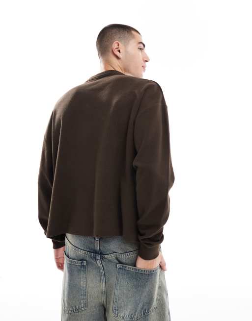ASOS DESIGN oversized boxy waffle long sleeve t-shirt with henley neck in brown, 2 of 4