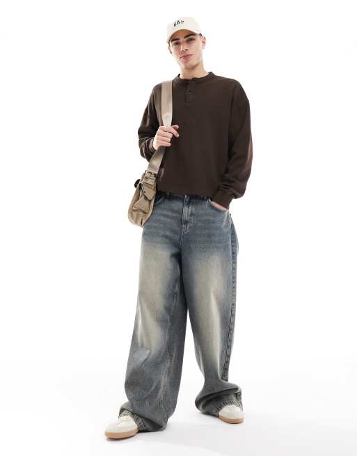 ASOS DESIGN oversized boxy waffle long sleeve t-shirt with henley neck in brown, 3 of 4