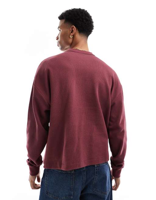 ASOS DESIGN oversized boxy waffle long sleeve t-shirt with henley neck in burgundy, 2 of 4
