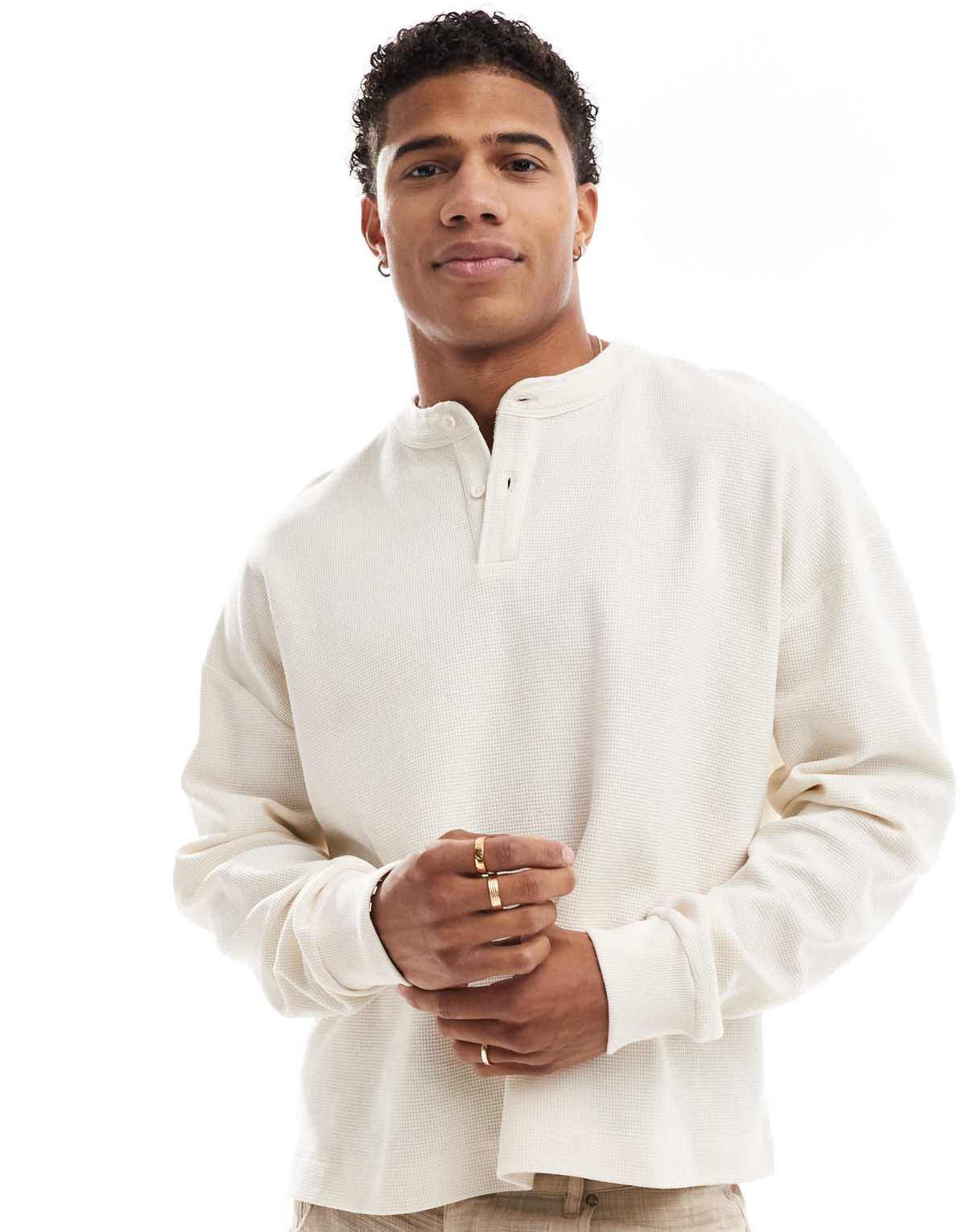 ASOS DESIGN oversized boxy waffle long sleeve t-shirt with henley neck in cream