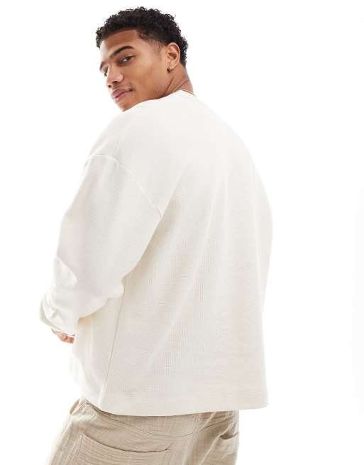 ASOS DESIGN oversized boxy waffle long sleeve T-shirt with henley neck in cream