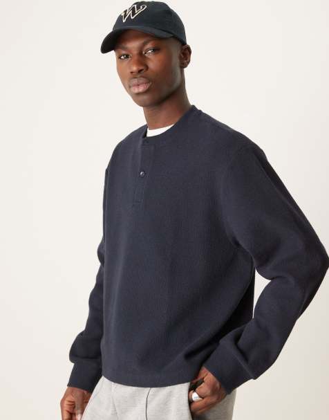 ASOS DESIGN oversized boxy waffle sweatshirt with henley neck in navy - view 1