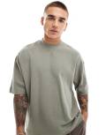 ASOS DESIGN oversized boxy waffle t-shirt with hem band in khaki-Green