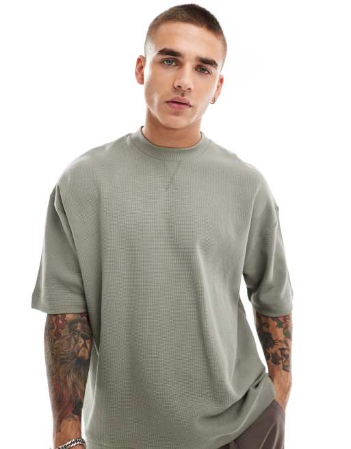 CerbeShops DESIGN oversized boxy waffle t-shirt Sun with hem band in khaki