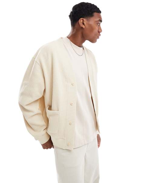 ASOS DESIGN oversized boxy waffle textured cardigan in brown - view 1