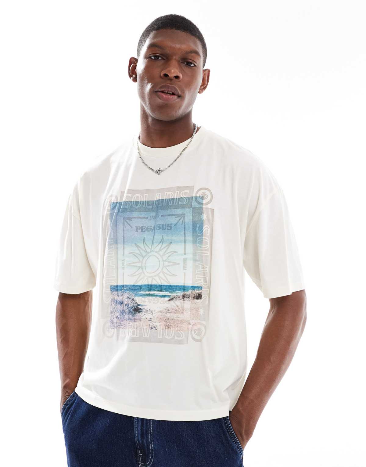 ASOS DESIGN oversized boxy washed t-shirt with summer graphic in off white
