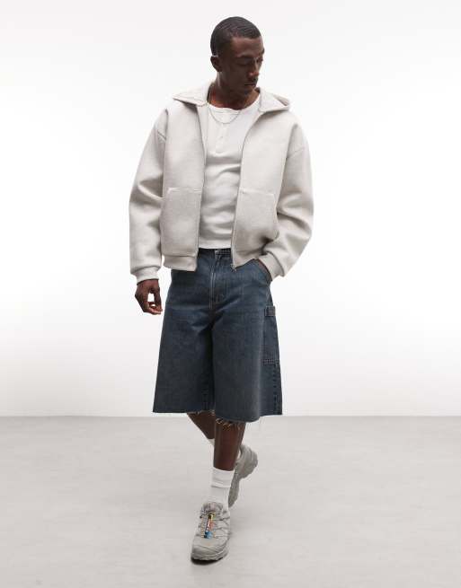 ASOS DESIGN oversized boxy zip through hoodie in scuba-style fabric with tonal embroidery in ice marl grey, 2 of 5