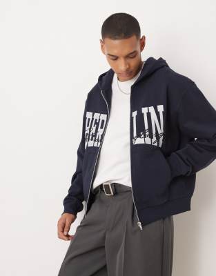 oversized boxy zip through hoodie with berlin print in navy