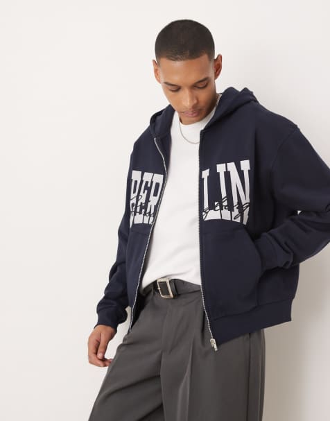 ASOS DESIGN oversized boxy zip through hoodie with berlin print in navy - view 1