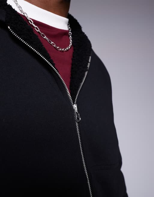 ASOS DESIGN oversized boxy zip through hoodie with borg lining in black