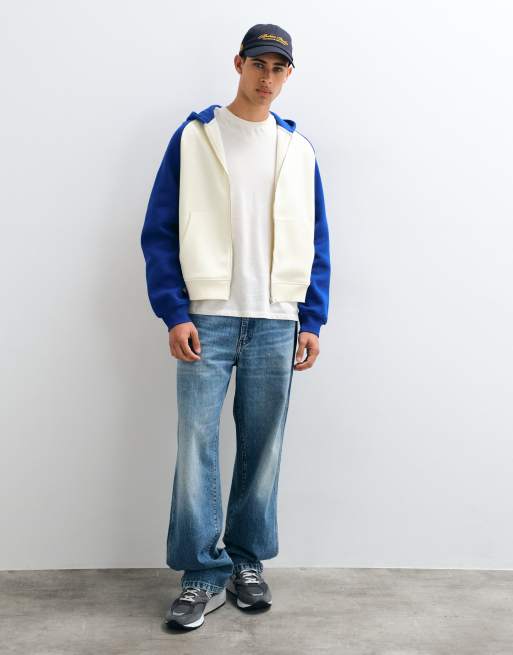 ASOS DESIGN oversized boxy zip through hoodie with contrast raglan sleeves in blue, 2 of 8
