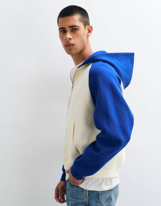 ASOS DESIGN oversized boxy zip through hoodie with contrast raglan sleeves in blue, 3 of 8