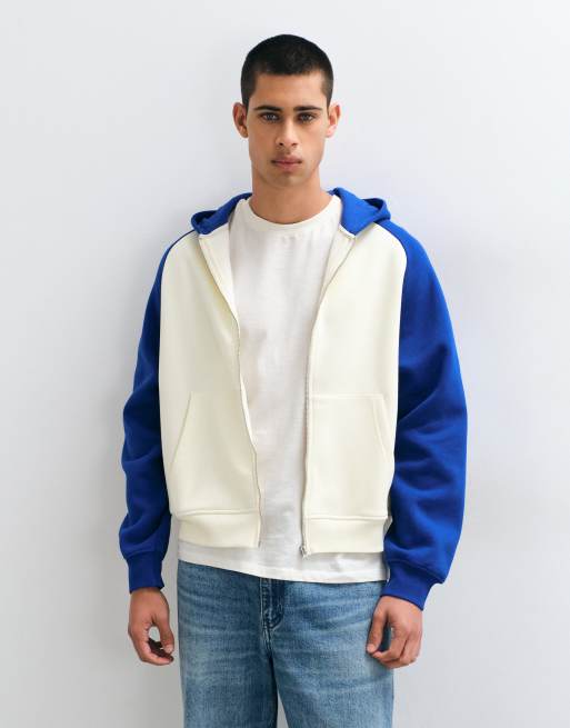 ASOS DESIGN oversized boxy zip through hoodie with contrast raglan sleeves in blue, 4 of 8