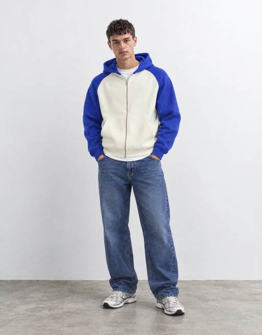 ASOS DESIGN oversized boxy zip through hoodie with contrast raglan sleeves in blue, 6 of 8