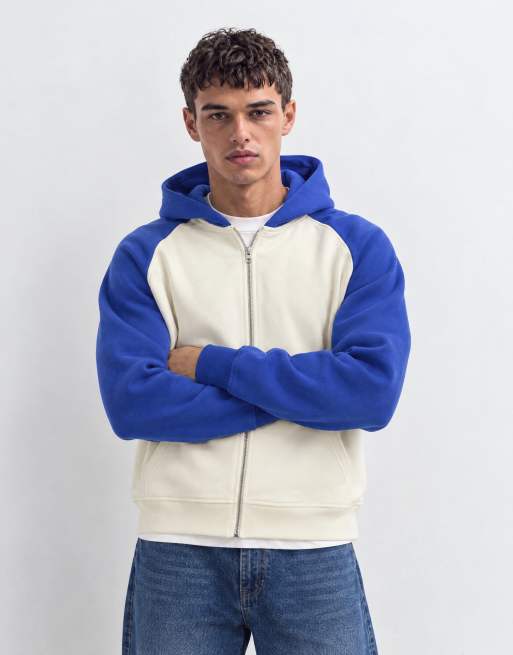 ASOS DESIGN oversized boxy zip through hoodie with contrast raglan sleeves in blue, 7 of 8