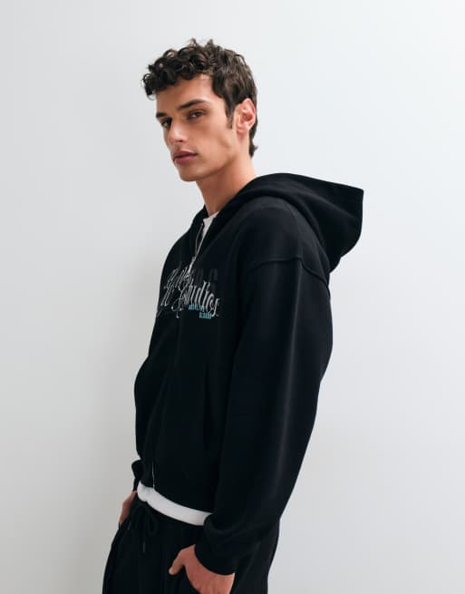 ASOS DESIGN oversized boxy zip through hoodie with pigment print in black, 3 of 5