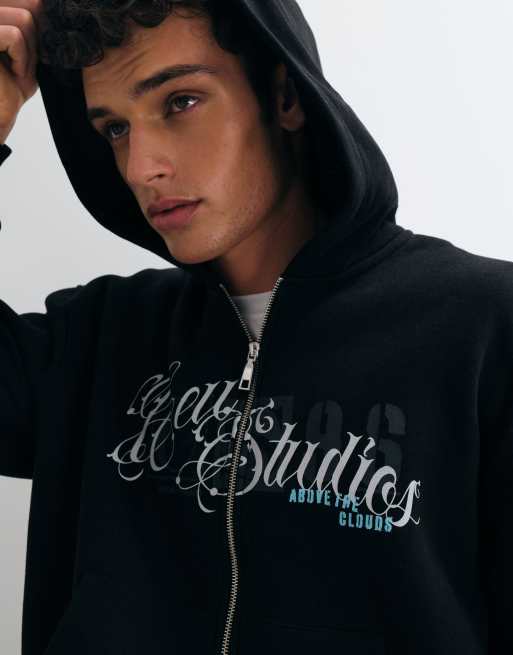 ASOS DESIGN oversized boxy zip through hoodie with pigment print in black, 4 of 5