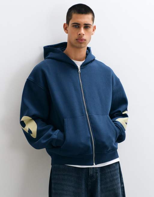 ASOS DESIGN oversized boxy zip through hoodie with print in navy, 2 of 8