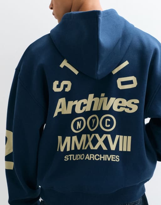 ASOS DESIGN oversized boxy zip through hoodie with print in navy, 4 of 8