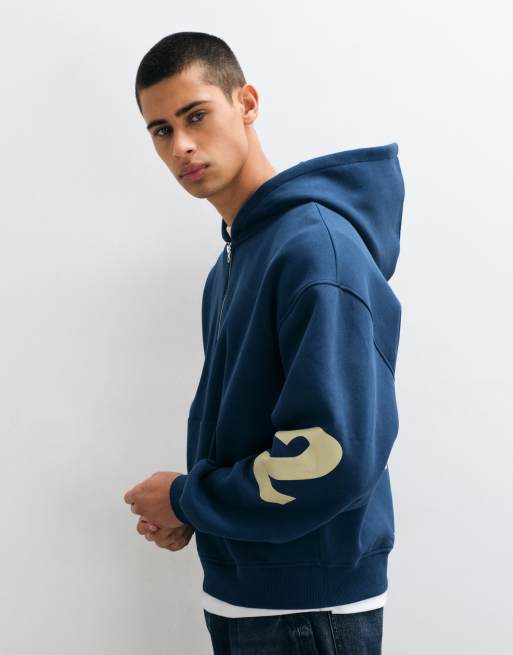ASOS DESIGN oversized boxy zip through hoodie with print in navy, 5 of 8
