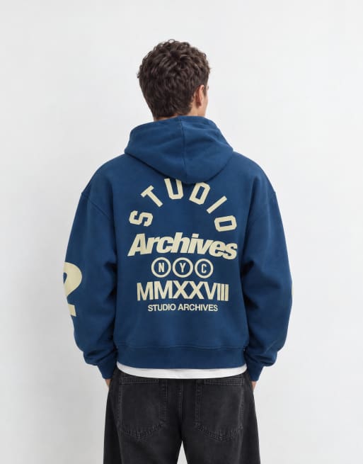 ASOS DESIGN oversized boxy zip through hoodie with print in navy, 6 of 8