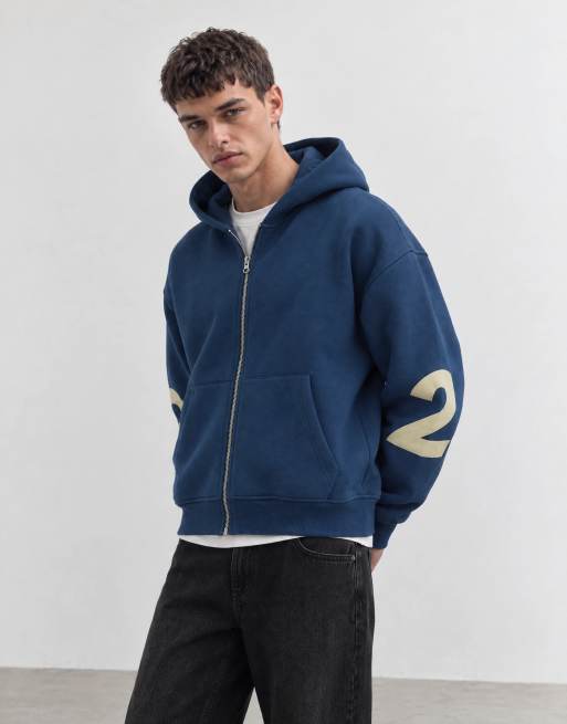 ASOS DESIGN oversized boxy zip through hoodie with print in navy, 8 of 8