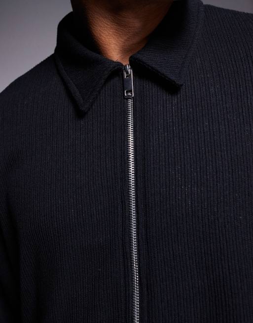 ASOS DESIGN oversized boxy zip through shacket with ribbed texture in black, 4 of 4