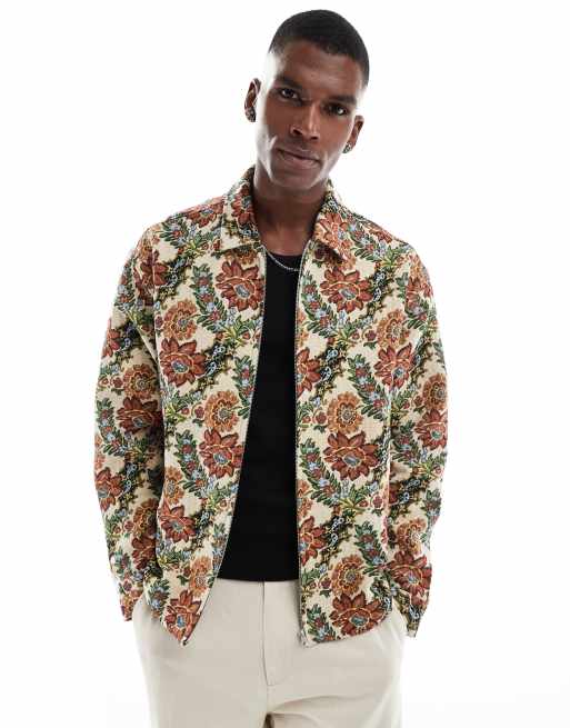 ASOS DESIGN oversized boxy zip through shacket with tapestry print