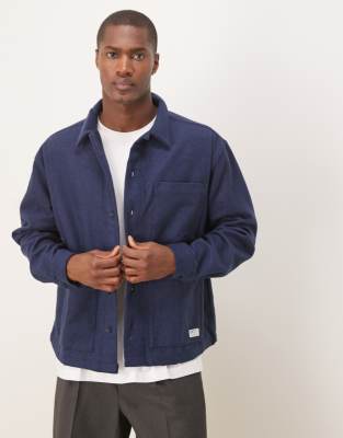 Asos Design Oversized Boxy Zip Through Shirt With Brushed Finish And Woven Tab In Blue