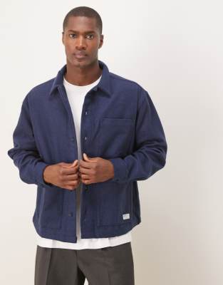 oversized boxy zip through shirt with brushed finish and woven tab in navy-Blue