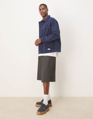 Asos Design Oversized Boxy Zip Through Shirt With Brushed Finish And Woven Tab In Blue