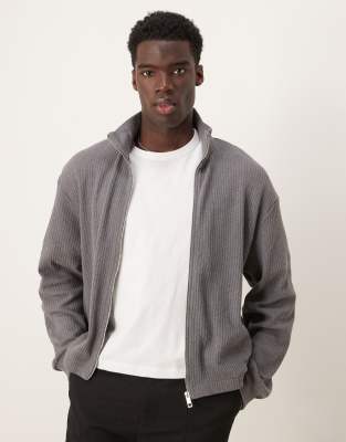 Asos Design Oversized Boxy Zip Through Track Jacket With Brushed Rib And Pockets In Charcoal-gray