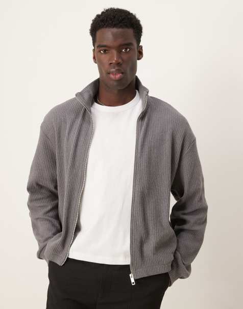 ASOS DESIGN oversized boxy zip through track jacket with brushed rib and pockets in charcoal - view 1