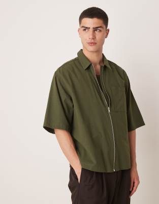 Asos Design Oversized Boxy Zip Up Shirt In Green