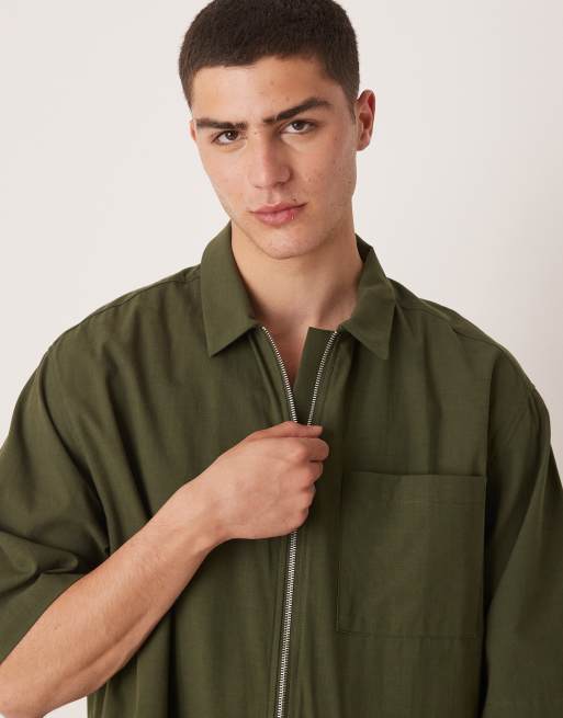 ASOS DESIGN oversized boxy zip up shirt in khaki | ASOS