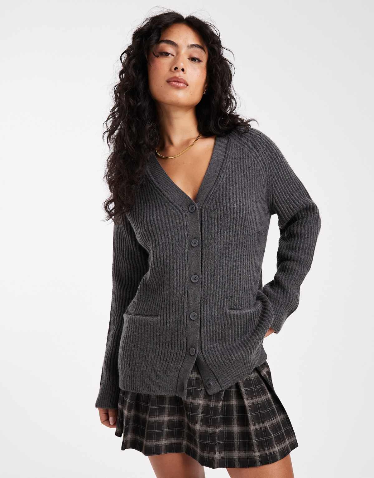 ASOS DESIGN oversized boyfriend cardigan in rib in charcoal