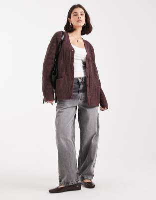 ASOS DESIGN oversized boyfriend cardigan in rib in plum-Purple