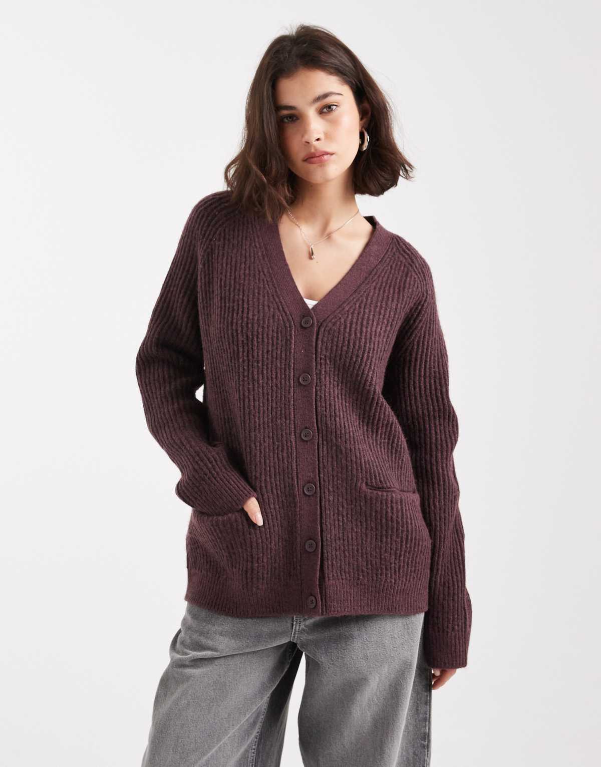 ASOS DESIGN oversized boyfriend cardigan in rib in plum