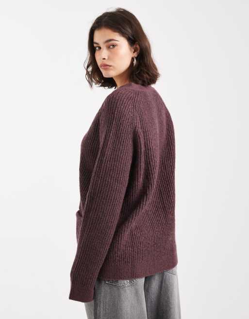 ASOS DESIGN oversized boyfriend cardigan in rib in plum, 3 of 4