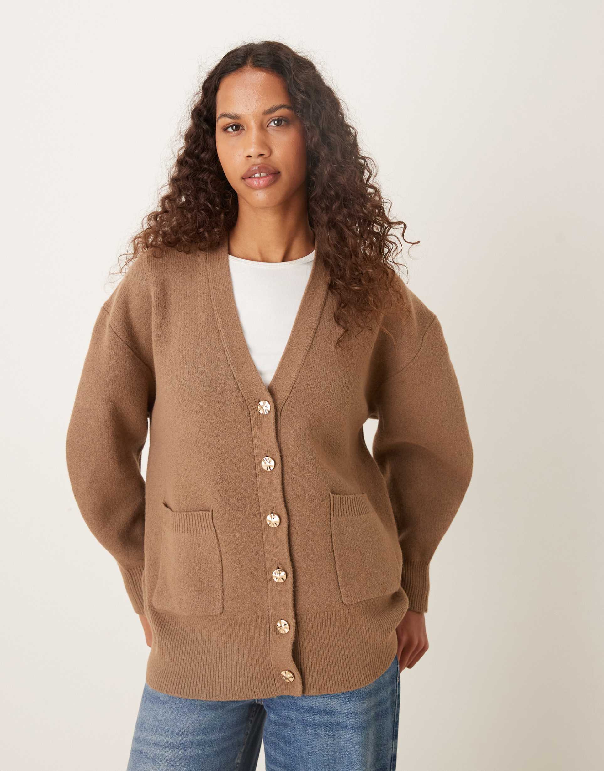 asos design oversized boyfriend cardigan with structured yarn in mocha