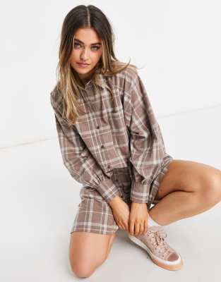 asos oversized plaid beige boyfriend mini shirt dress