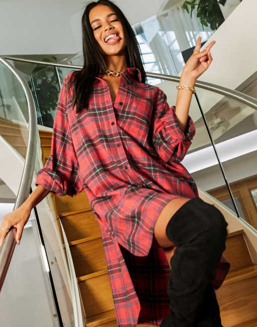 ASOS DESIGN oversized boyfriend mini shirt dress in red plaid