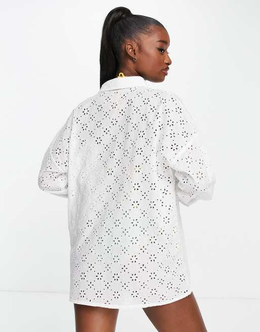 ASOS DESIGN oversized broderie beach shirt top in white , 2 of 4